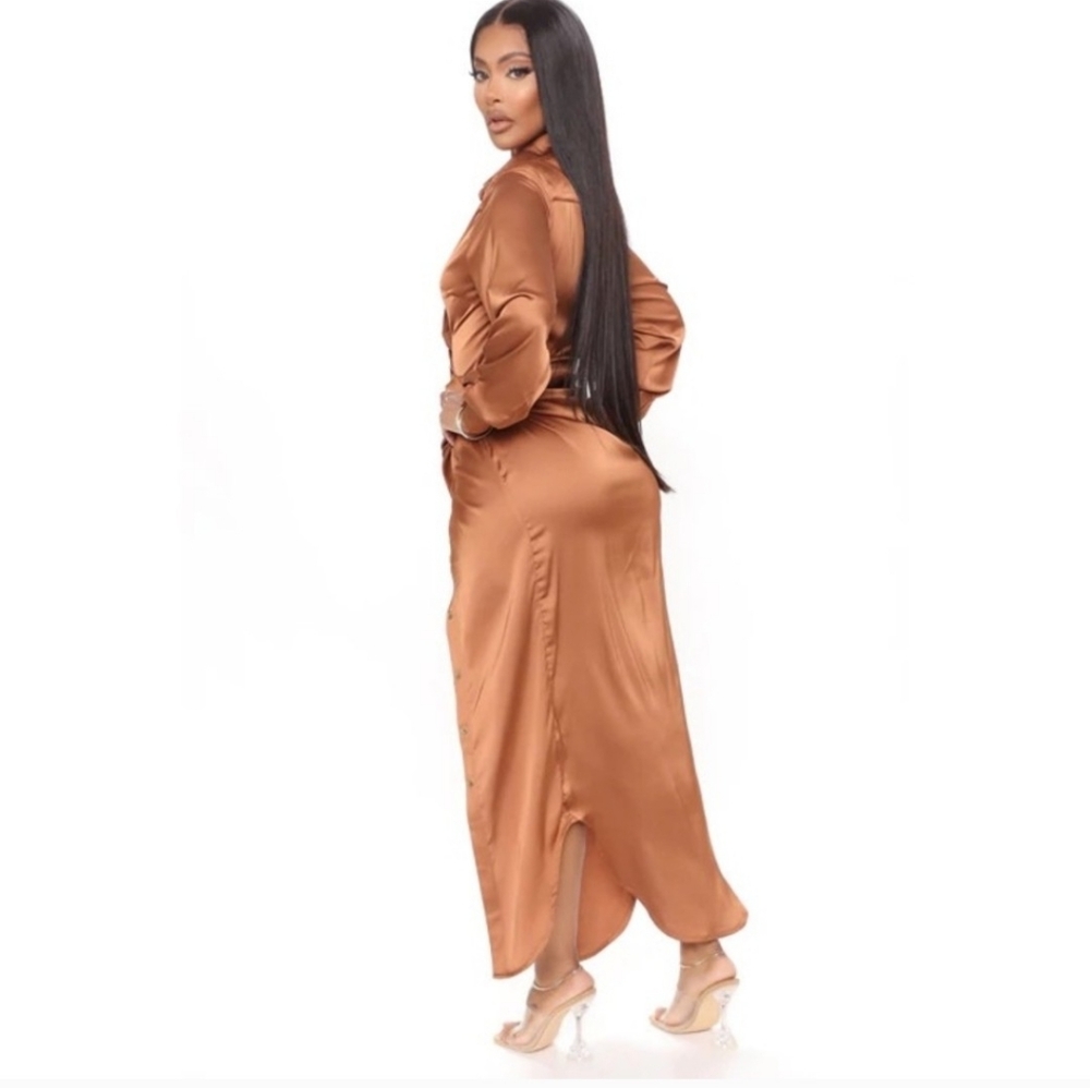 Fashion Nova Copper Wrap Long Sleeve Button Down Satin Dress - Picture 3 of 8